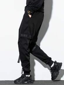 Manfinity EMRG 男士標語圖案帶扣細節翻蓋口袋腰部抽繩工裝褲 - 黑色 - 查看 6