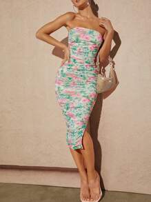 Hauture 花卉印花褶皺分裂無肩帶連身裙 - 彩色 - 查看 1