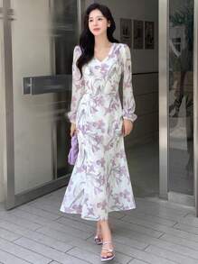 DAZY In hoa Tay áo lồng đèn Nàng tiên cá Hem Đầm - Màu be - Xem 1