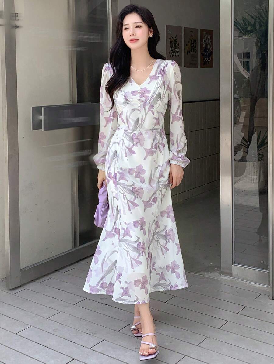 DAZY In hoa Tay áo lồng đèn Nàng tiên cá Hem Đầm - Màu be - Xem 1