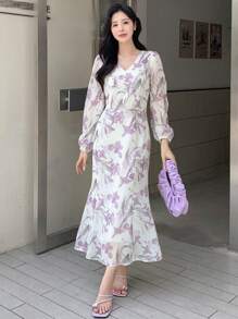 DAZY In hoa Tay áo lồng đèn Nàng tiên cá Hem Đầm - Màu be - Xem 2