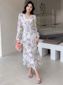 DAZY In hoa Tay áo lồng đèn Nàng tiên cá Hem Đầm - Màu be - Xem 3