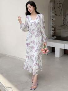 DAZY In hoa Tay áo lồng đèn Nàng tiên cá Hem Đầm - Màu be - Xem 4