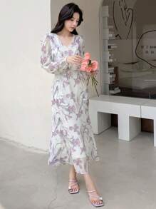 DAZY In hoa Tay áo lồng đèn Nàng tiên cá Hem Đầm - Màu be - Xem 5