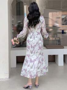 DAZY In hoa Tay áo lồng đèn Nàng tiên cá Hem Đầm - Màu be - Xem 6