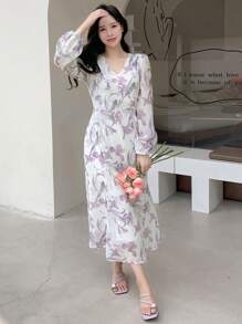 DAZY In hoa Tay áo lồng đèn Nàng tiên cá Hem Đầm - Màu be - Xem 7