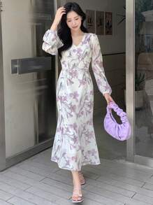 DAZY In hoa Tay áo lồng đèn Nàng tiên cá Hem Đầm - Màu be - Xem 8