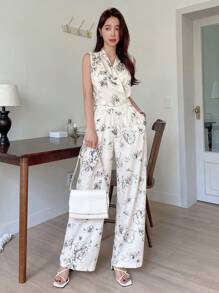 DAZY 印花披肩领上衣和阔腿裤，适合邮轮度假、复活节等场合，女士休闲装扮。 - 米色 - 查看 8