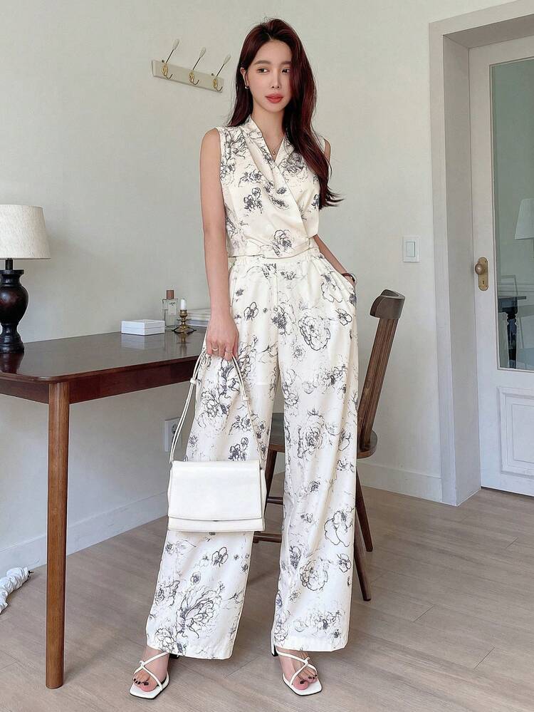Floral Print Shawl Collar Top & Wide Leg Pants Cruise Women Outfits Vacation Outfits Women Easter Short Sets For Women