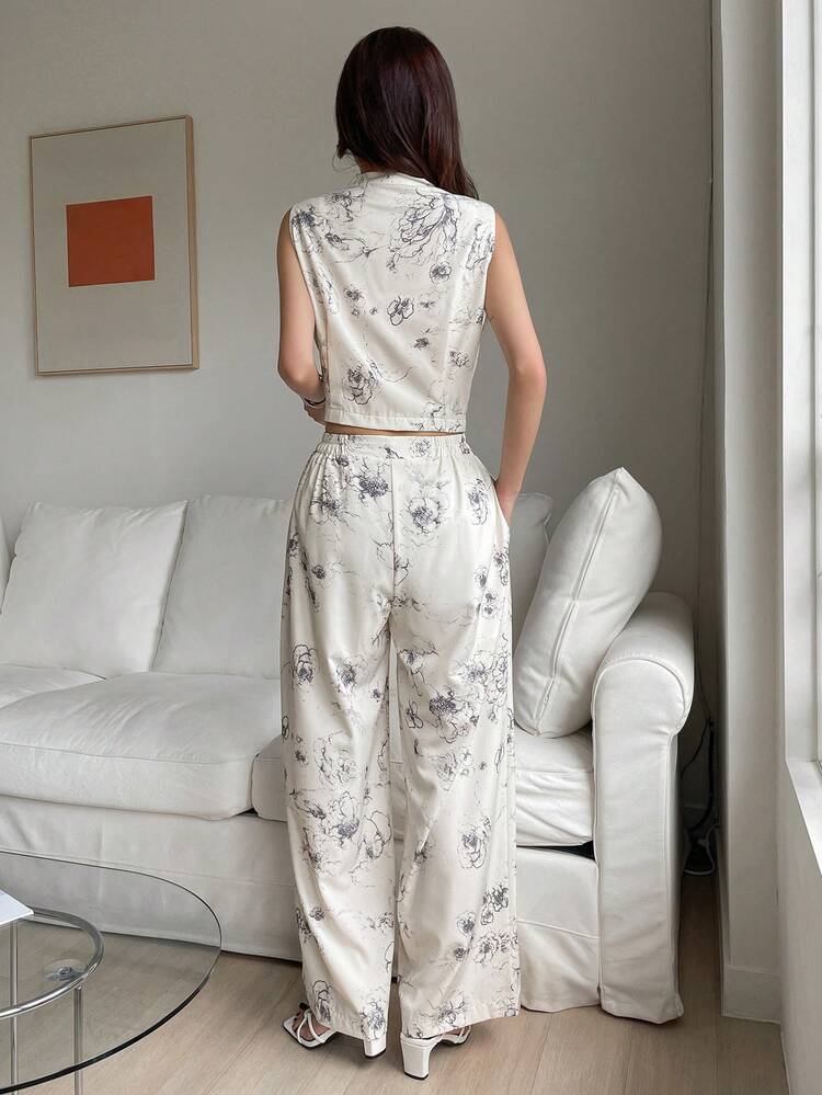 Floral Print Shawl Collar Top & Wide Leg Pants Cruise Women Outfits Vacation Outfits Women Easter Short Sets For Women