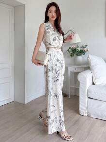 DAZY 印花披肩领上衣和阔腿裤，适合邮轮度假、复活节等场合，女士休闲装扮。 - 米色 - 查看 3