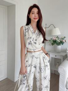 DAZY 印花披肩领上衣和阔腿裤，适合邮轮度假、复活节等场合，女士休闲装扮。 - 米色 - 查看 7