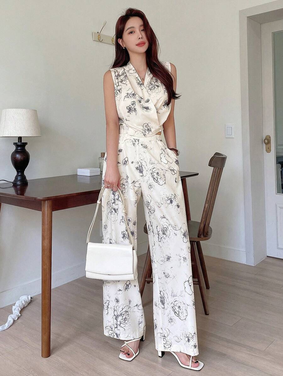 DAZY 印花披肩领上衣和阔腿裤，适合邮轮度假、复活节等场合，女士休闲装扮。 - 米色 - 查看 1