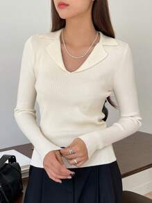 DAZY Chất rắn Đồ đan Ribbed Áo len - Màu be - Xem 1