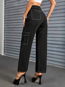 SHEIN ICON High Waist Top-stitching Flap Pocket Side Cargo Jeans - Black - View 2