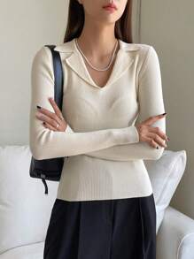 DAZY Chất rắn Đồ đan Ribbed Áo len - Màu be - Xem 6