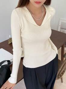 DAZY Chất rắn Đồ đan Ribbed Áo len - Màu be - Xem 8