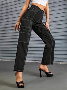 SHEIN ICON High Waist Top-stitching Flap Pocket Side Cargo Jeans - Black - View 1
