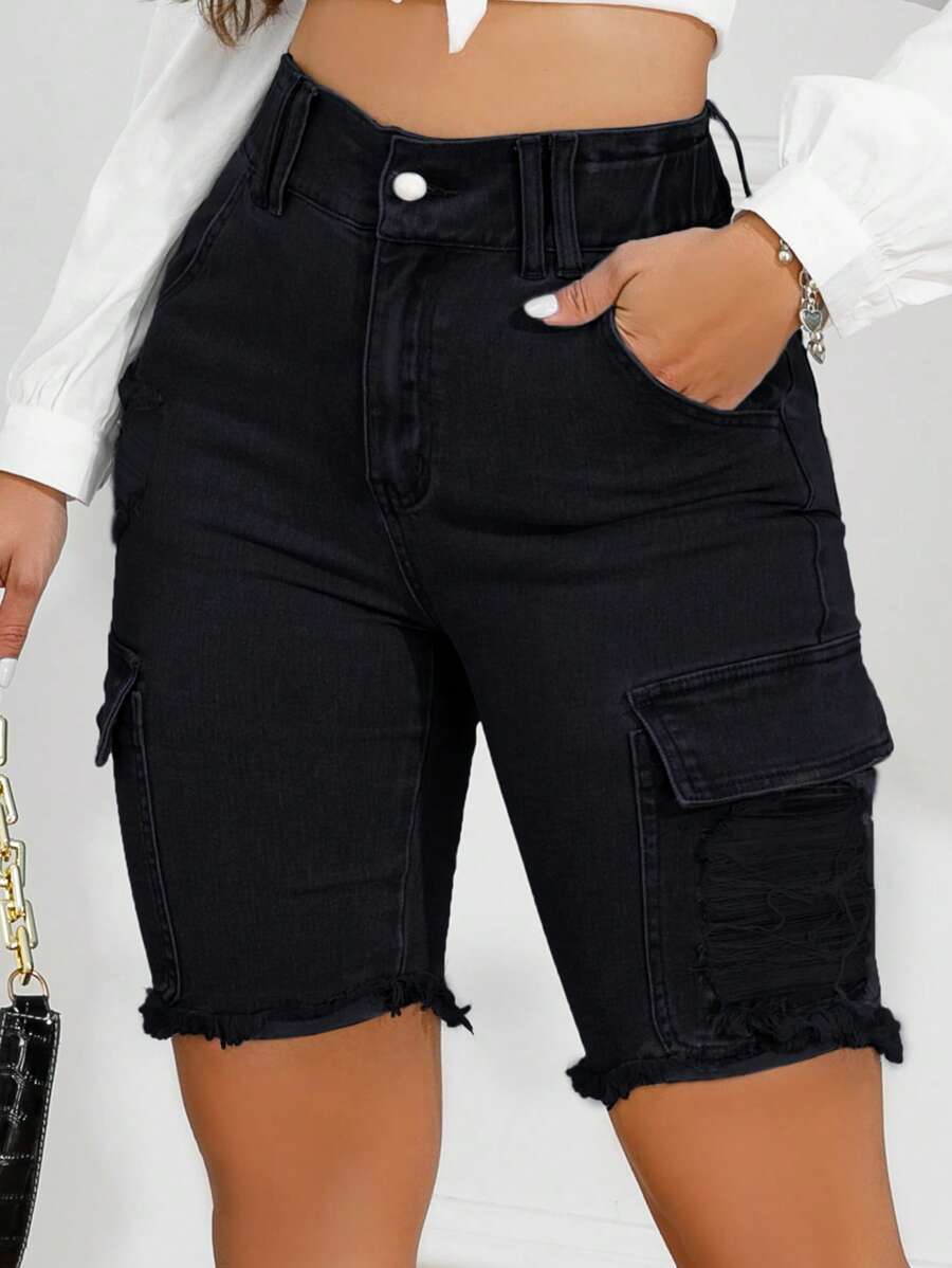 High Waist Ripped Raw Hem Denim Shorts - Black - View 1