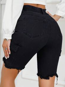 High Waist Ripped Raw Hem Denim Shorts - Black - View 2