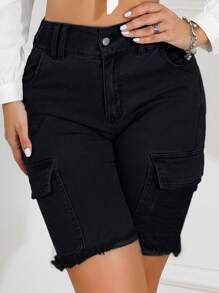 High Waist Ripped Raw Hem Denim Shorts - Black - View 3