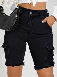High Waist Ripped Raw Hem Denim Shorts - Black - View 4