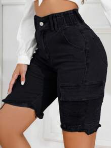High Waist Ripped Raw Hem Denim Shorts - Black - View 5