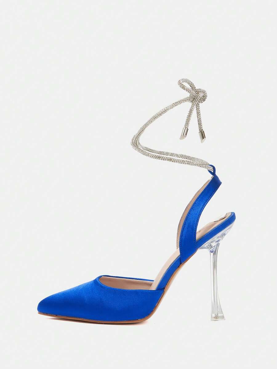 SheIn Belle Women Rhinestone Decor Tie Leg Design Point Toe Pyramid Heeled Pumps, Glamorous Blue Satin Strappy Pumps For Party - Blue - View 1