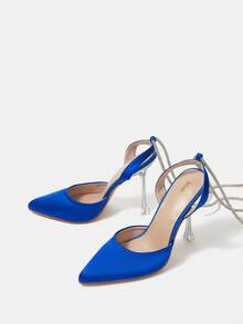 SheIn Belle Women Rhinestone Decor Tie Leg Design Point Toe Pyramid Heeled Pumps, Glamorous Blue Satin Strappy Pumps For Party - Blue - View 2