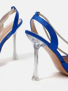 SheIn Belle Women Rhinestone Decor Tie Leg Design Point Toe Pyramid Heeled Pumps, Glamorous Blue Satin Strappy Pumps For Party - Blue - View 4