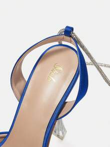 SheIn Belle Women Rhinestone Decor Tie Leg Design Point Toe Pyramid Heeled Pumps, Glamorous Blue Satin Strappy Pumps For Party - Blue - View 5