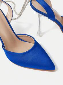 SheIn Belle Women Rhinestone Decor Tie Leg Design Point Toe Pyramid Heeled Pumps, Glamorous Blue Satin Strappy Pumps For Party - Blue - View 6