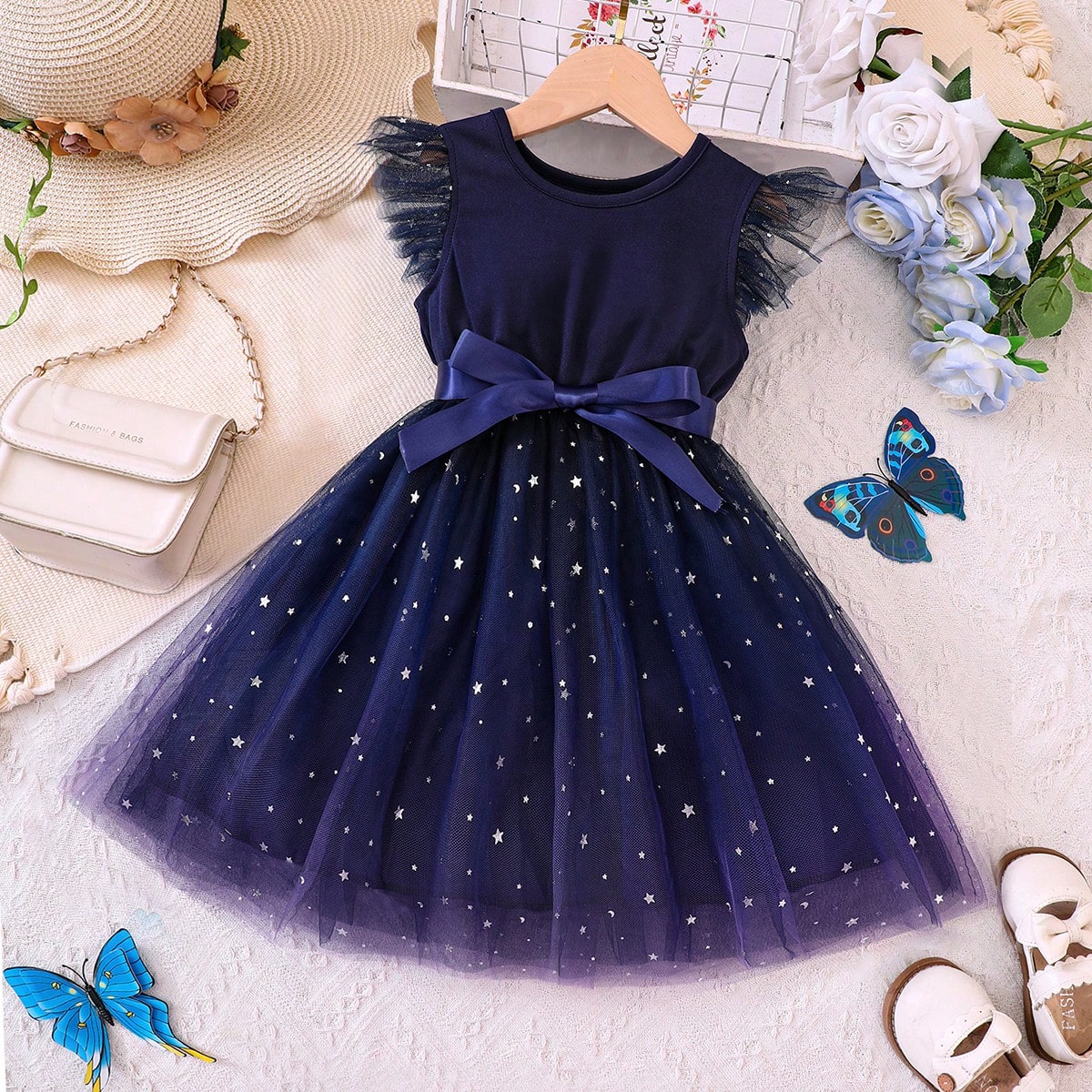 Vestido encantador de manga de hada de malla de estrellas y lunas plateadas rosa degradado de verano para niña joven