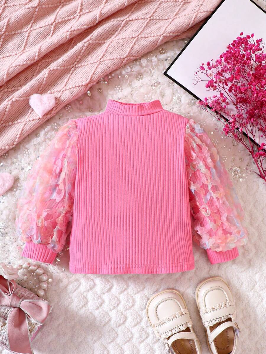 Đứa bé gái Lưới tương phản Đèn treo tường Tay áo lồng đèn Cổ giả Đồ đan Ribbed Áo thun - Hồng - Xem 1