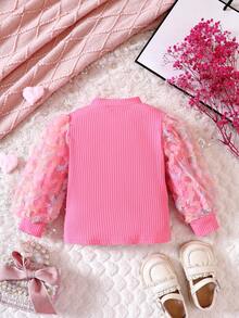 Đứa bé gái Lưới tương phản Đèn treo tường Tay áo lồng đèn Cổ giả Đồ đan Ribbed Áo thun - Hồng - Xem 2