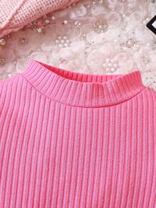 Đứa bé gái Lưới tương phản Đèn treo tường Tay áo lồng đèn Cổ giả Đồ đan Ribbed Áo thun - Hồng - Xem 3