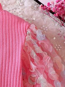 Đứa bé gái Lưới tương phản Đèn treo tường Tay áo lồng đèn Cổ giả Đồ đan Ribbed Áo thun - Hồng - Xem 4