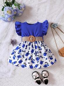 Baby Girl Floral Print Ruffle Trim Dress - Royal Blue - View 1