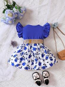 Baby Girl Floral Print Ruffle Trim Dress - Royal Blue - View 2