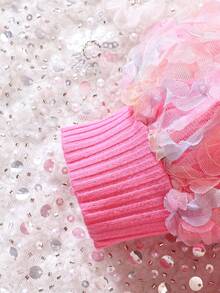 Đứa bé gái Lưới tương phản Đèn treo tường Tay áo lồng đèn Cổ giả Đồ đan Ribbed Áo thun - Hồng - Xem 6