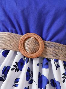 Baby Girl Floral Print Ruffle Trim Dress - Royal Blue - View 5