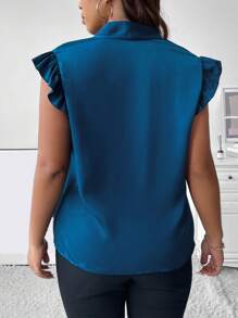 SHEIN Clasi 大碼繫帶領荷葉邊緞面襯衫 - 水鴨藍 - 查看 2
