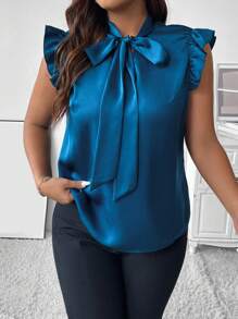 SHEIN Clasi 大碼繫帶領荷葉邊緞面襯衫 - 水鴨藍 - 查看 3