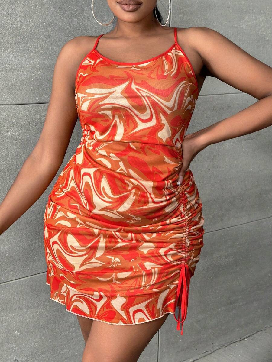 Maweii 大碼滿版印花側抽繩吊帶洋裝 - 彩色 - 查看 1