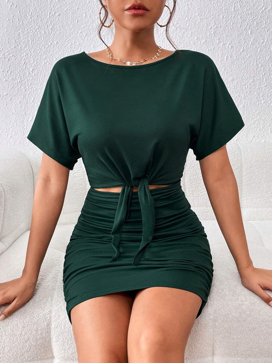 INAWLY Solva Cut Out Knot Front Ruched Batwing Sleeve Dress - Dark Green - View 1