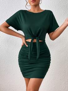 INAWLY Solva Cut Out Knot Front Ruched Batwing Sleeve Dress - Dark Green - View 2