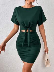 INAWLY Solva Cut Out Knot Front Ruched Batwing Sleeve Dress - Dark Green - View 4