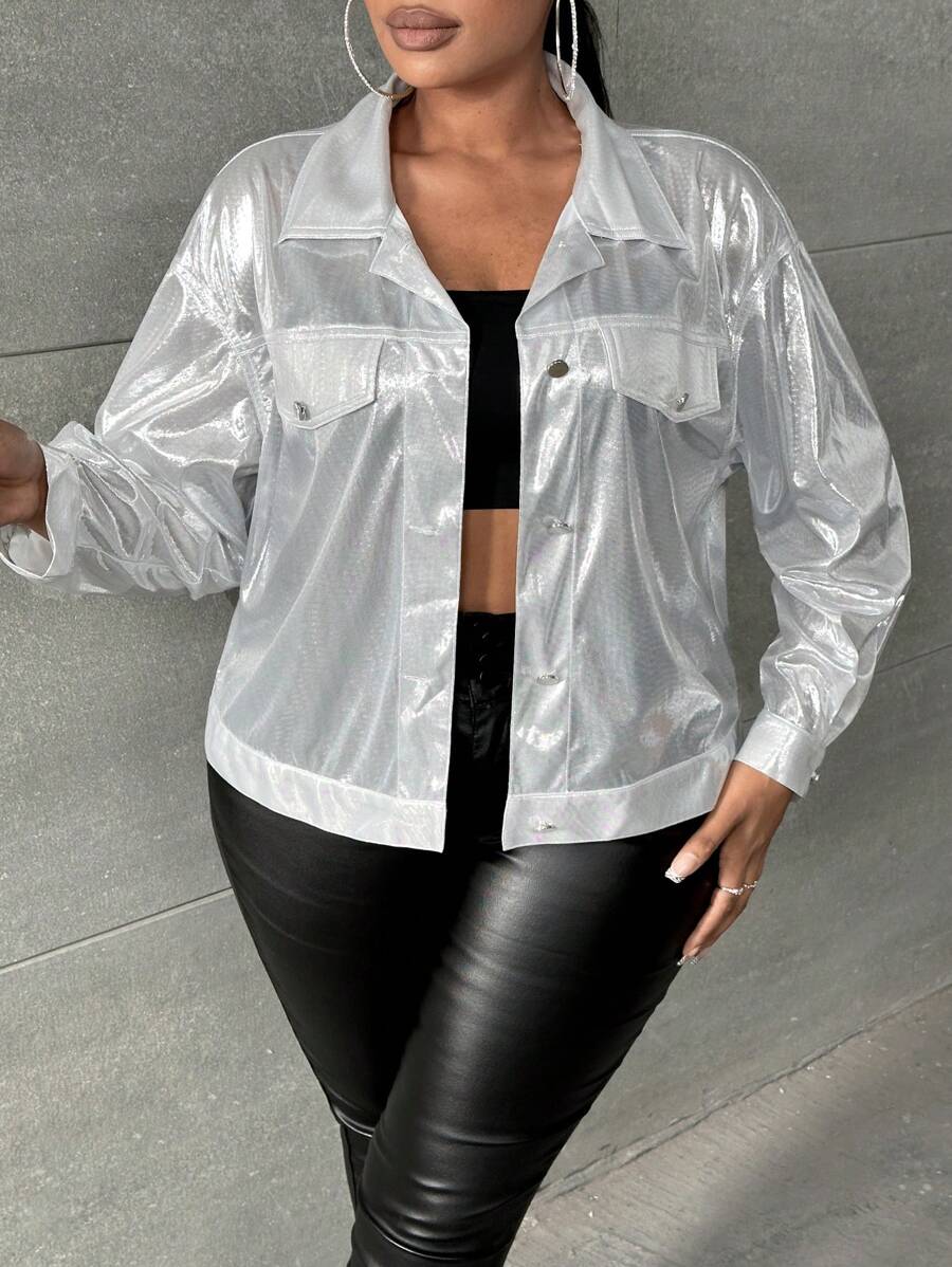 Maweii Plus Drop Shoulder Flap Detail Jacket - Silver - View 1