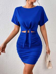 INAWLY Vestido con abertura con nudo delantero fruncido de manga murciélago - Azul - Ver 3