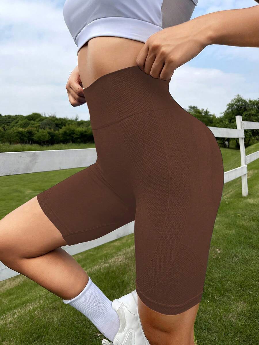 SHEIN Yoga Basic 素色寬腰帶無縫運動短褲 - 咖啡棕 - 查看 1